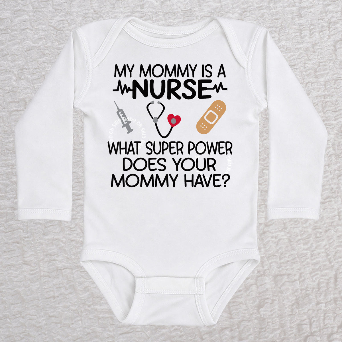 My Mommy Is a Nurse baby bodysuit in white with stethoscope, heartbeat line, syringe and bandage design
