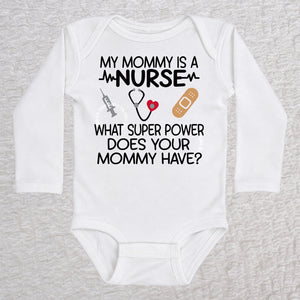 My Mommy Is a Nurse baby bodysuit in white with stethoscope, heartbeat line, syringe and bandage design