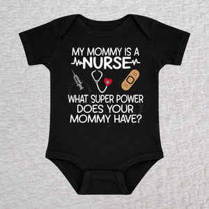 My Mommy Is a Nurse short sleeve baby bodysuit in black with stethoscope, heartbeat line, syringe and bandage design