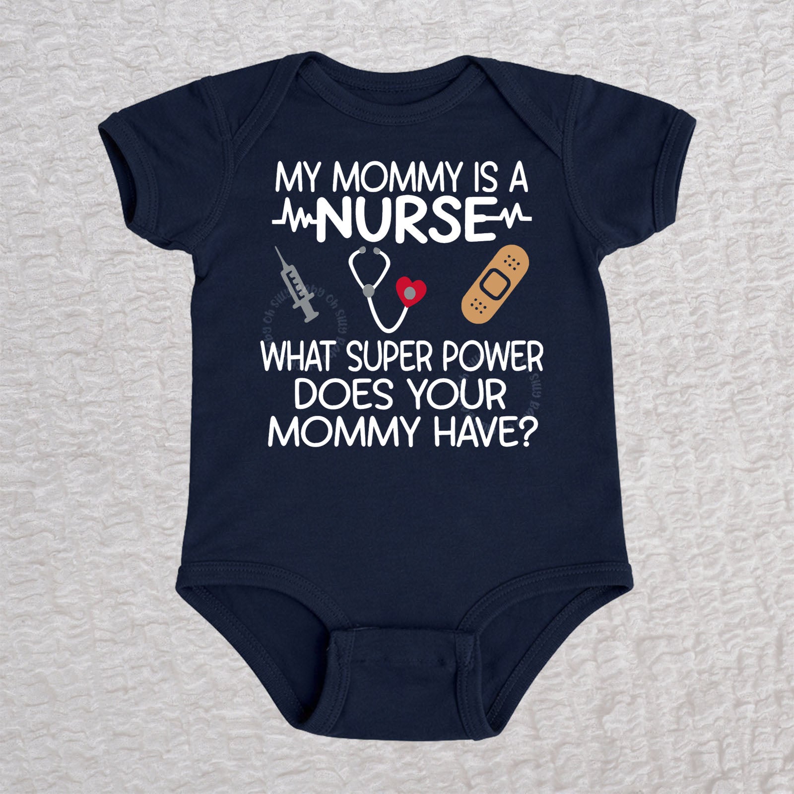 My Mommy Is a Nurse short sleeve baby bodysuit in navy with stethoscope, heartbeat line, syringe and bandage design