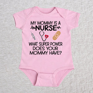 My Mommy Is a Nurse short sleeve baby bodysuit in pink with stethoscope, heartbeat line, syringe and bandage design