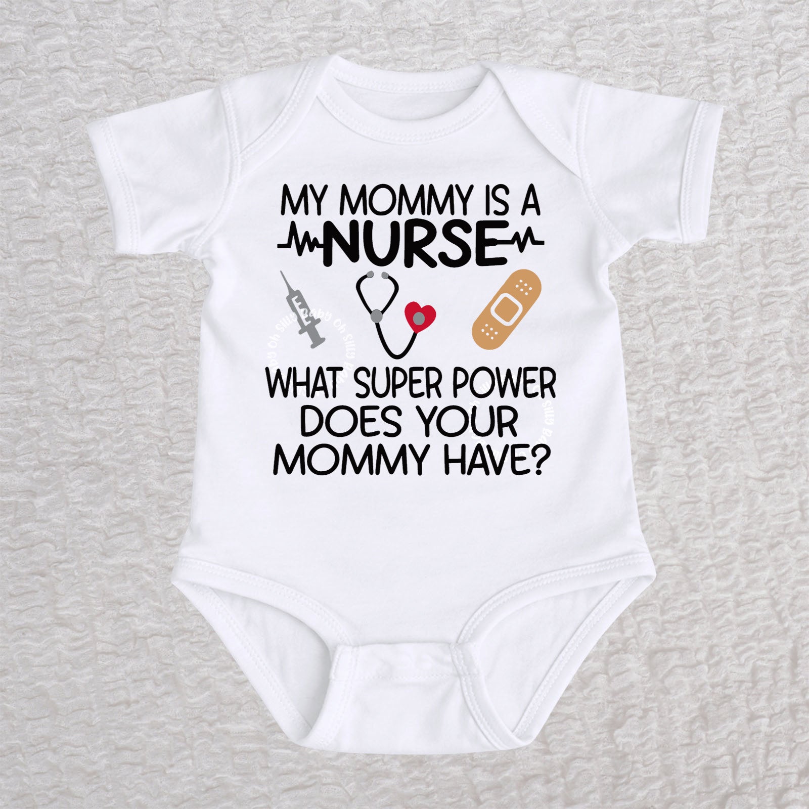 My Mommy Is a Nurse short sleeve baby bodysuit in white with stethoscope, heartbeat line, syringe and bandage design