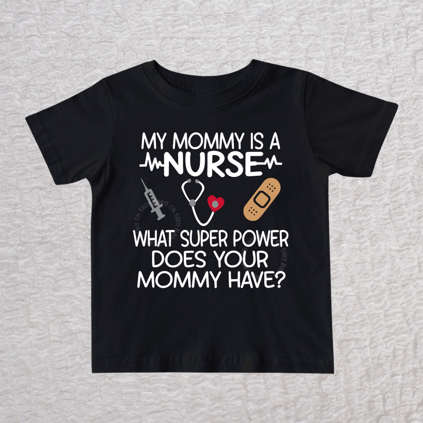 My Mommy Is a Nurse baby and toddler t-shirt in black with stethoscope, heartbeat line, syringe and bandage design