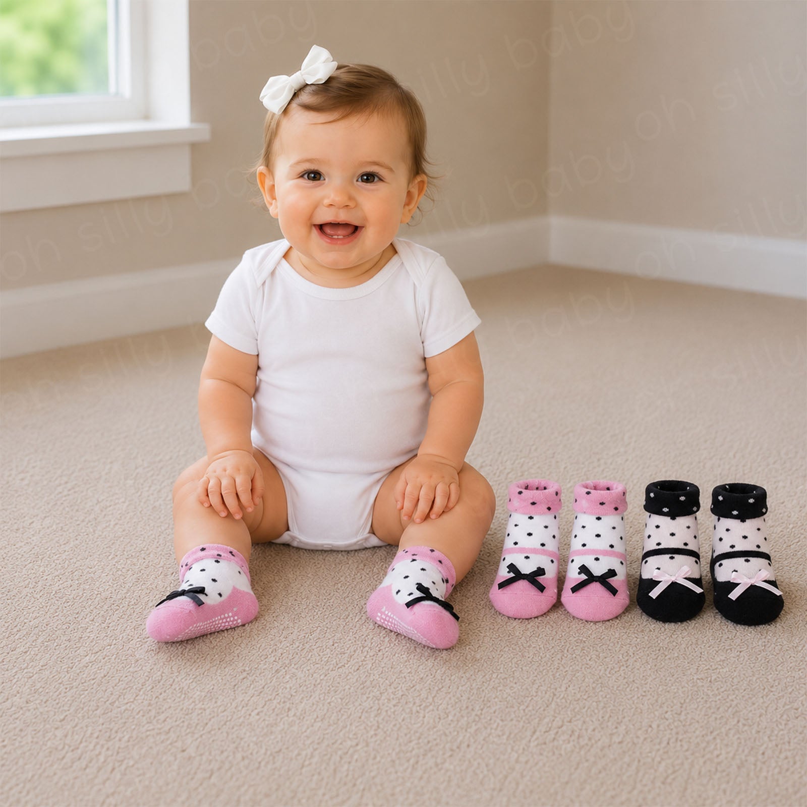 Baby girl wearing pink Olivia Non-Skid Baby Socks with the pink and black sock styles displayed beside her.
