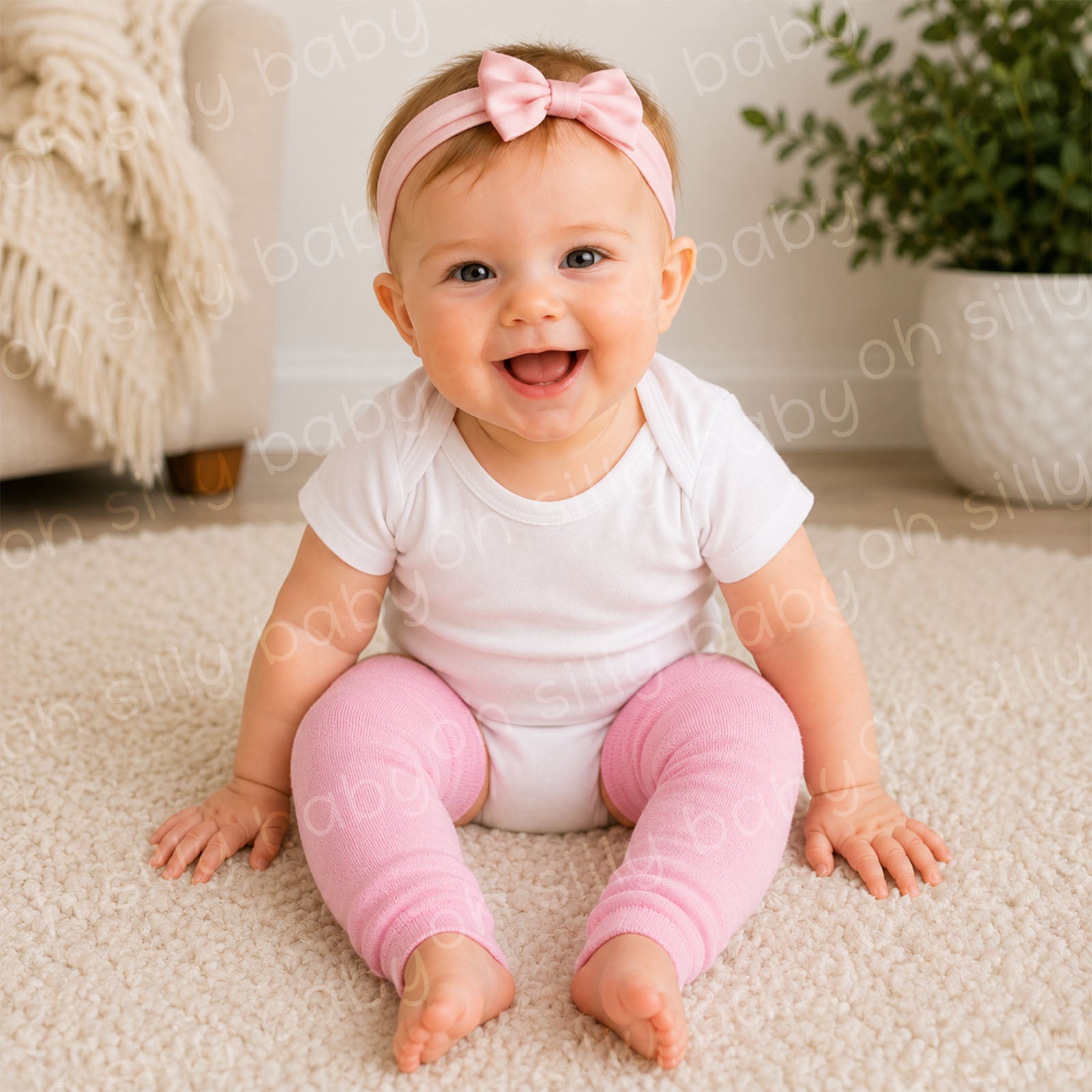 Baby girl wearing a white short sleeve bodysuit with Perfectly Pink baby leg warmers