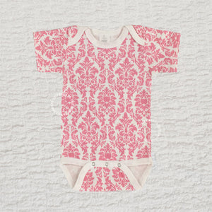 Pink Damask Print baby bodysuit made from 100% cotton interlock knit fabric