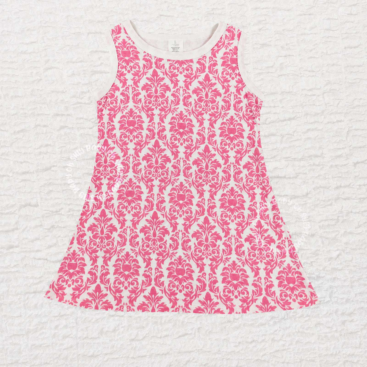 Pink damask print girls dress in size 2/3T made from 100% cotton interlock knit fabric