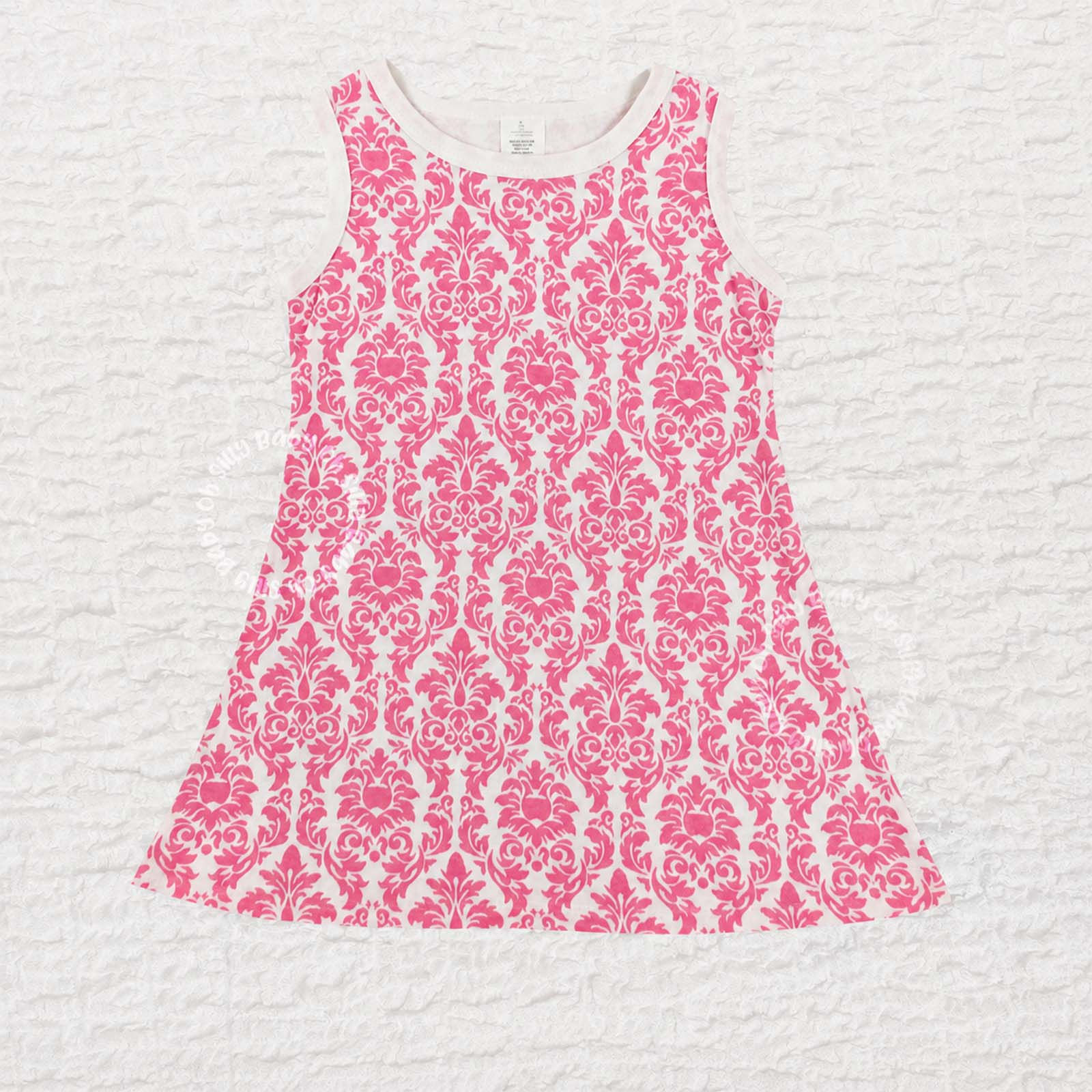 Pink damask print girls dress in size 2/3T made from 100% cotton interlock knit fabric