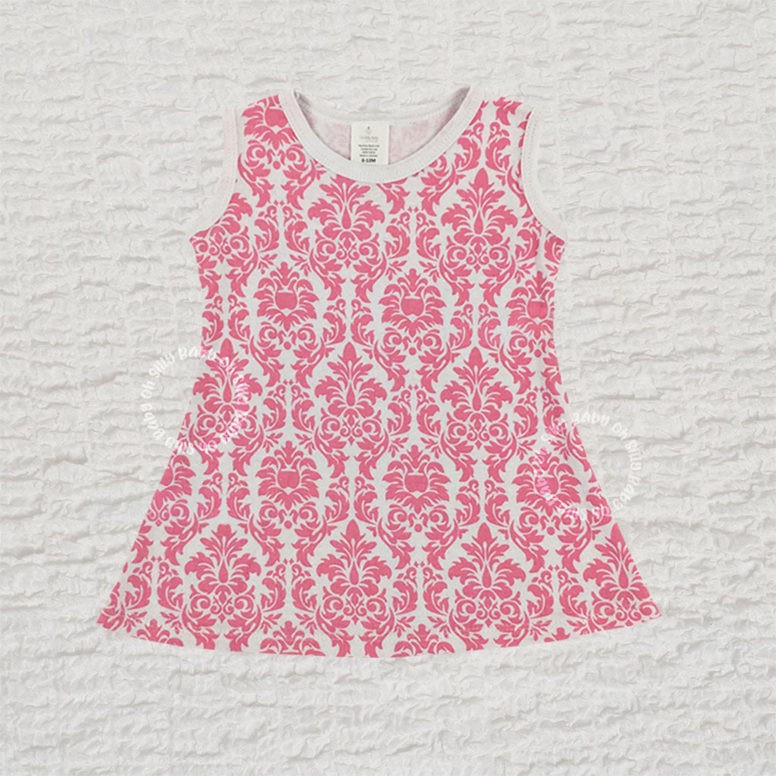 Pink Damask Print Grow With Me Dress for babies 0-12 months made from 100% cotton interlock knit fabric