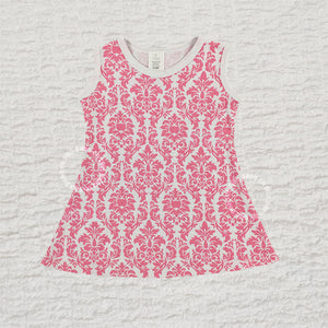 Pink Damask Print Grow With Me Dress for babies 0-12 months made from 100% cotton interlock knit fabric