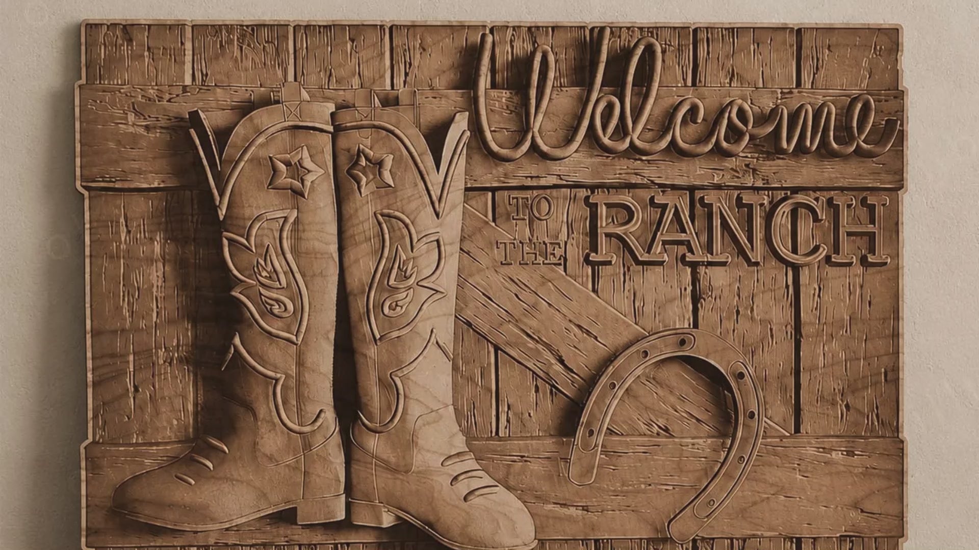 Personalized Welcome to the Ranch 3D illusion wood sign video showing laser engraved western farmhouse decor with cowboy boots and horseshoe details