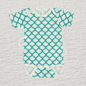 Turquoise and white Quatrefoil Print baby bodysuit made from 100% cotton interlock knit fabric