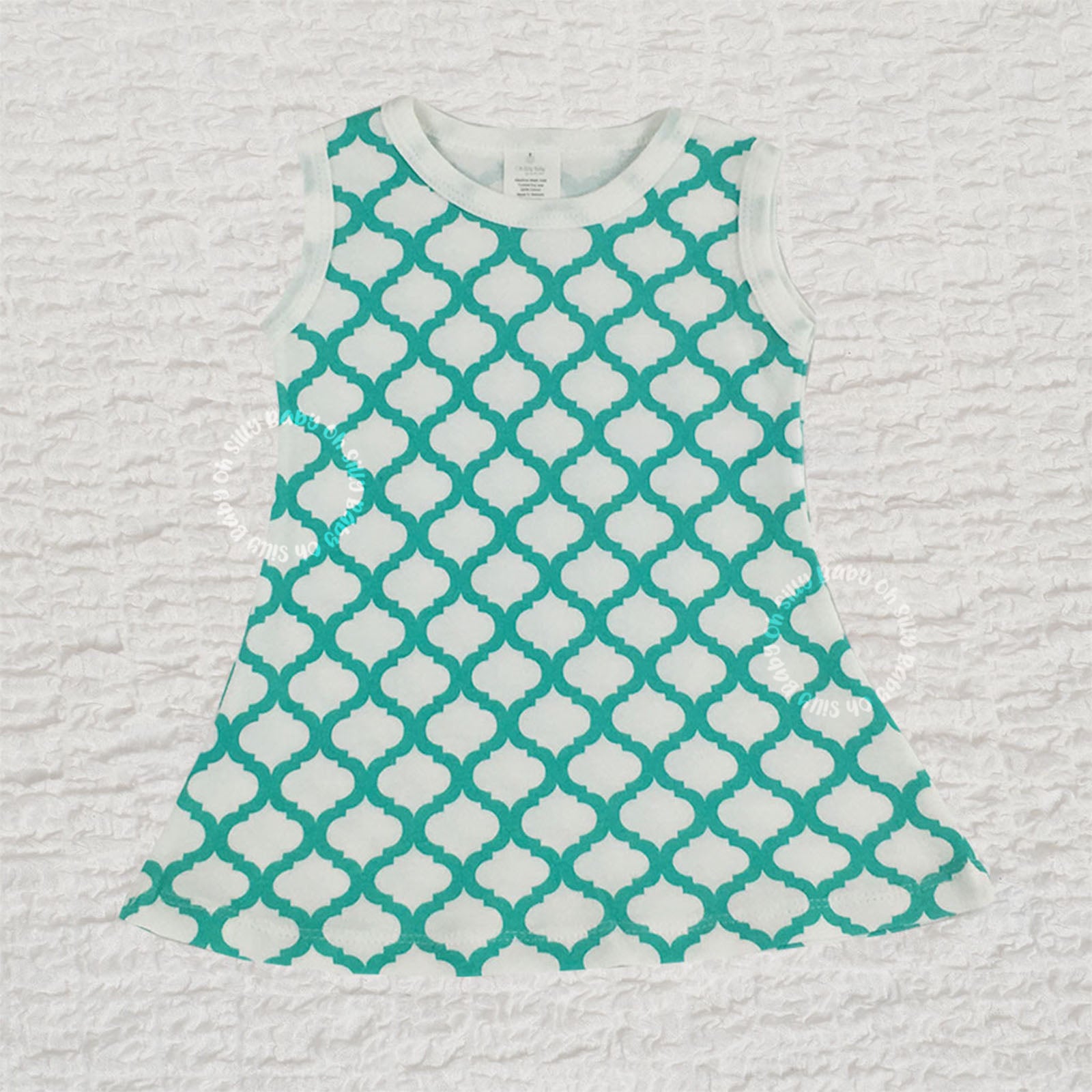 Quatrefoil Print Grow With Me baby dress made from 100% cotton interlock knit fabric
