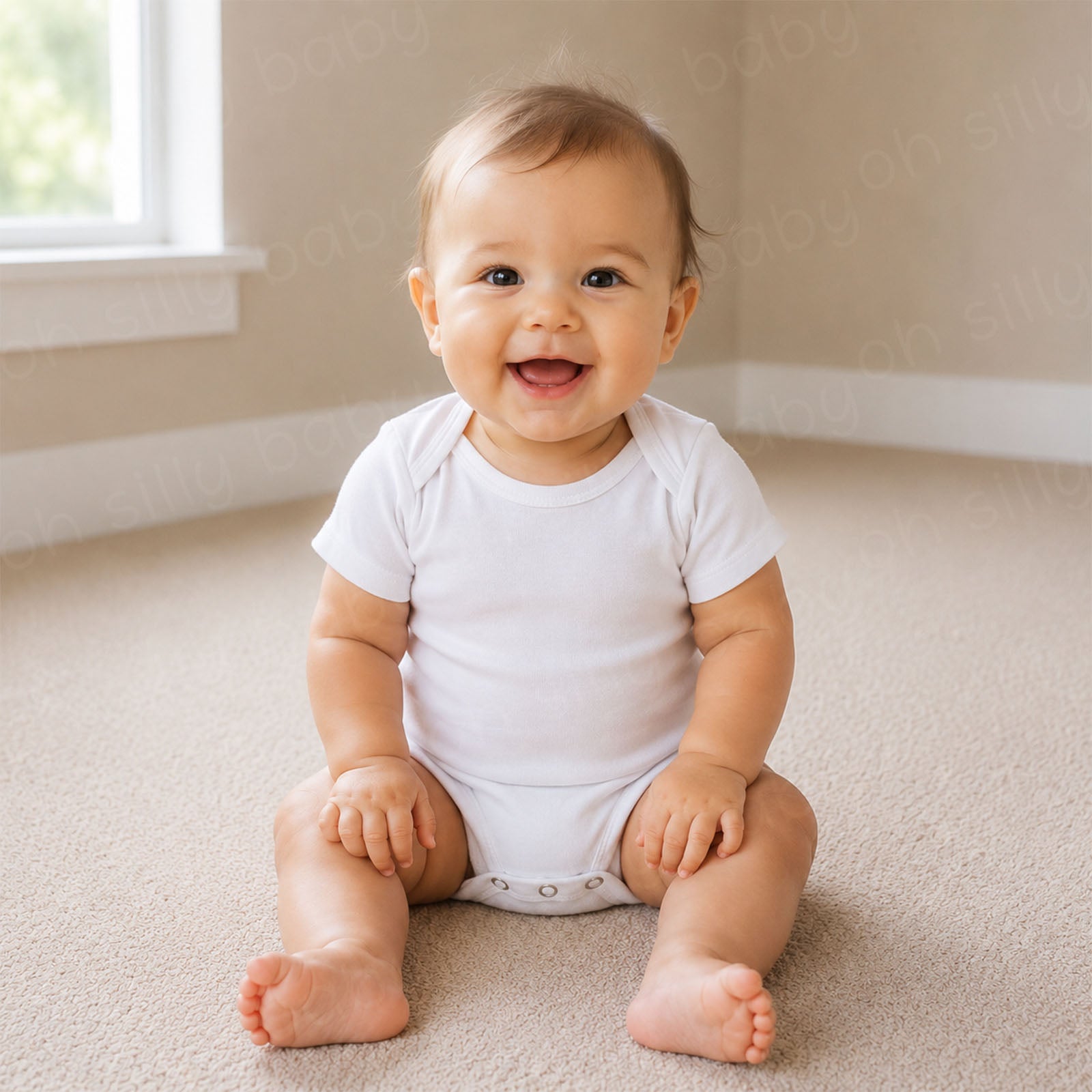 Baby wearing a plain white short sleeve baby bodysuit
