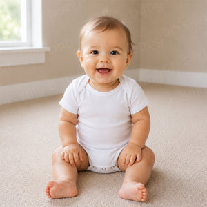 Baby wearing a plain white short sleeve baby bodysuit