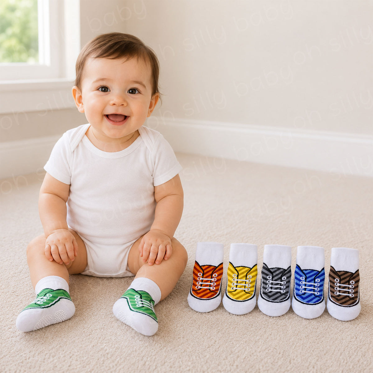 Baby wearing green Stetson Non-Skid Baby Socks with the remaining five sock color options displayed beside them