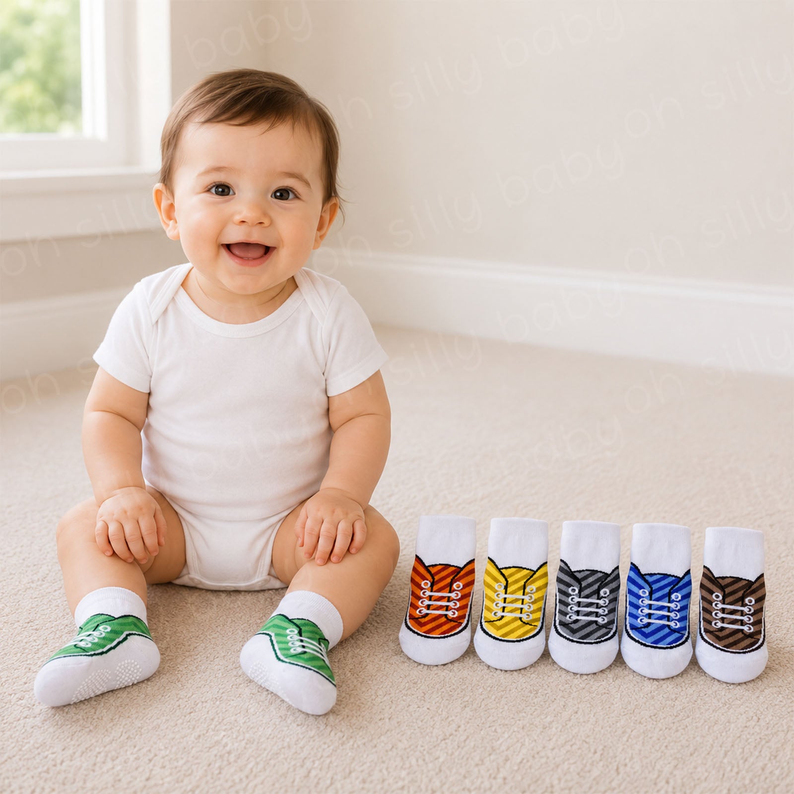 Baby wearing green Stetson Non-Skid Baby Socks with the remaining five sock color options displayed beside them