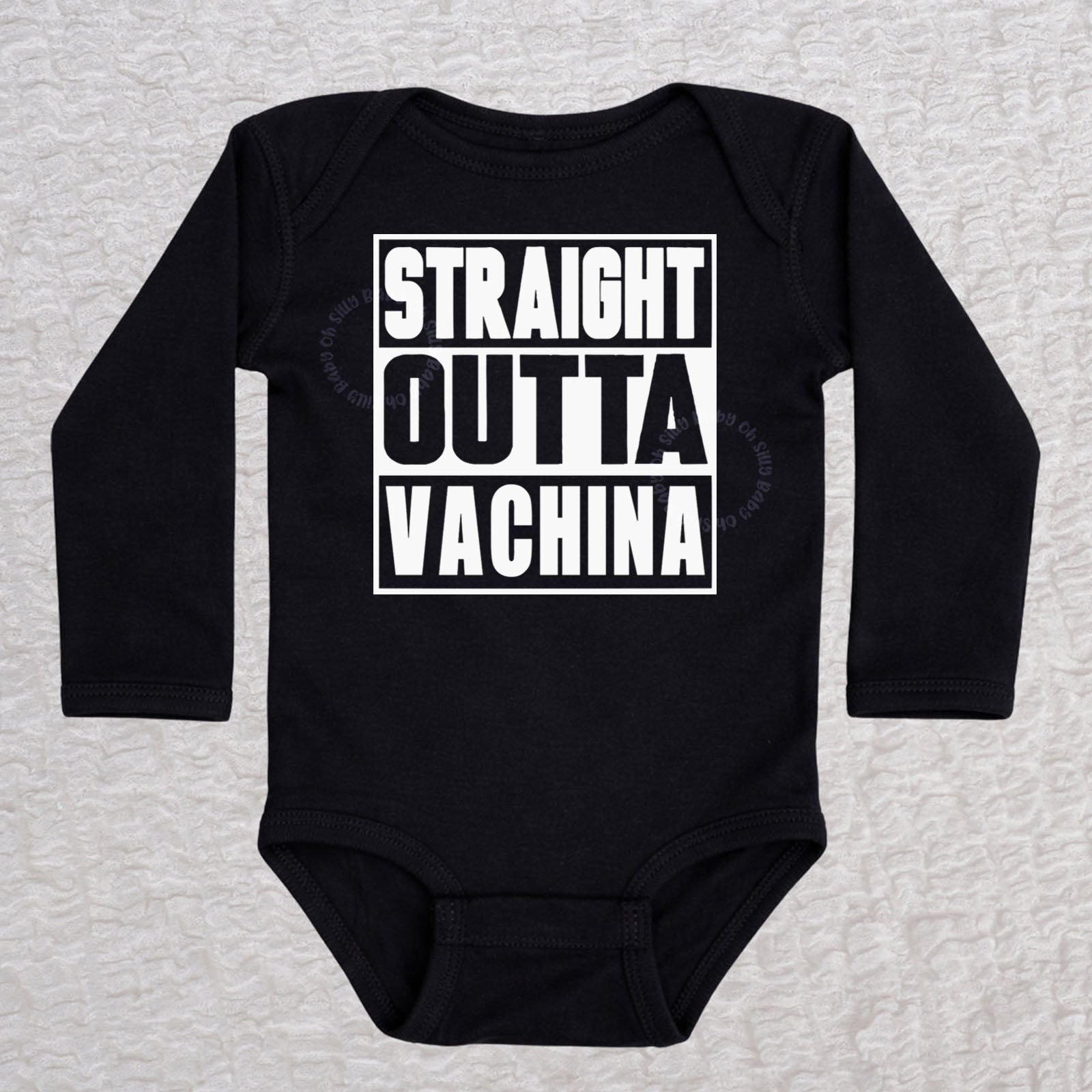 Straight Outta Vachina long sleeve baby bodysuit in black with bold typography design