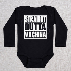 Straight Outta Vachina long sleeve baby bodysuit in black with bold typography design