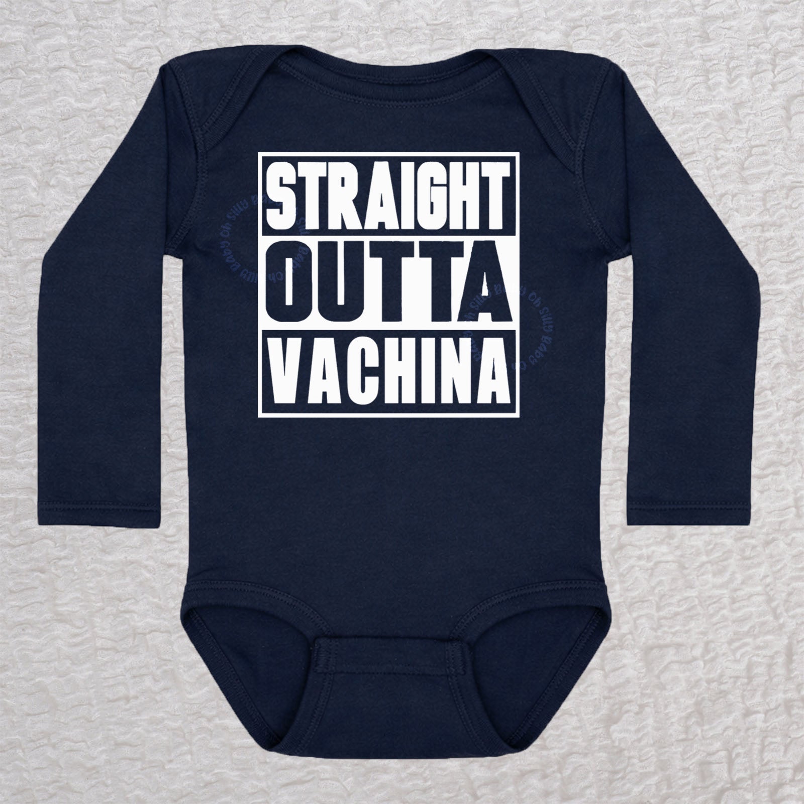 Straight Outta Vachina long sleeve baby bodysuit in navy with bold typography design