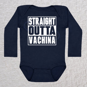 Straight Outta Vachina long sleeve baby bodysuit in navy with bold typography design