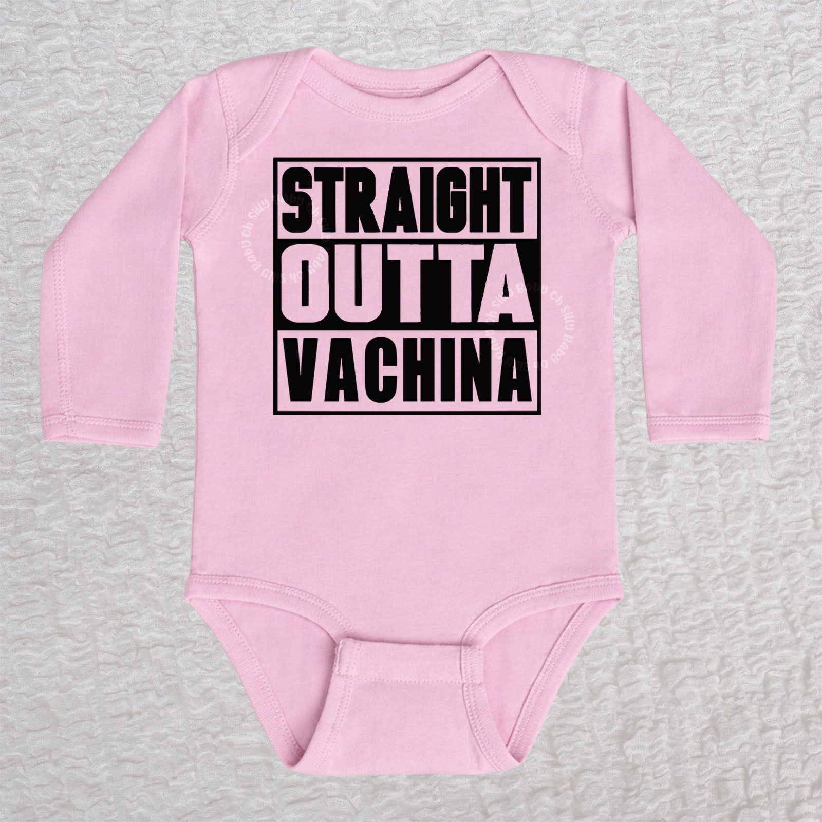 Straight Outta Vachina long sleeve baby bodysuit in pink with bold typography design