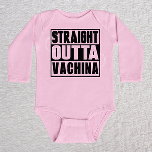 Straight Outta Vachina long sleeve baby bodysuit in pink with bold typography design