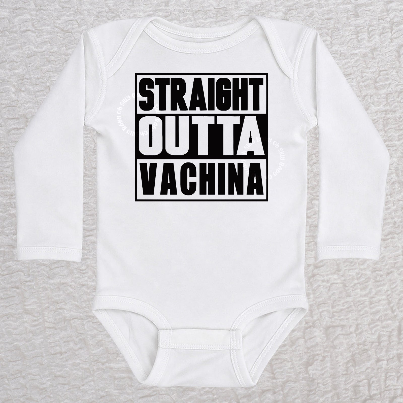 Straight Outta Vachina long sleeve baby bodysuit in white with bold typography design