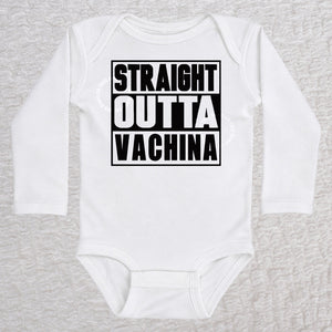 Straight Outta Vachina long sleeve baby bodysuit in white with bold typography design