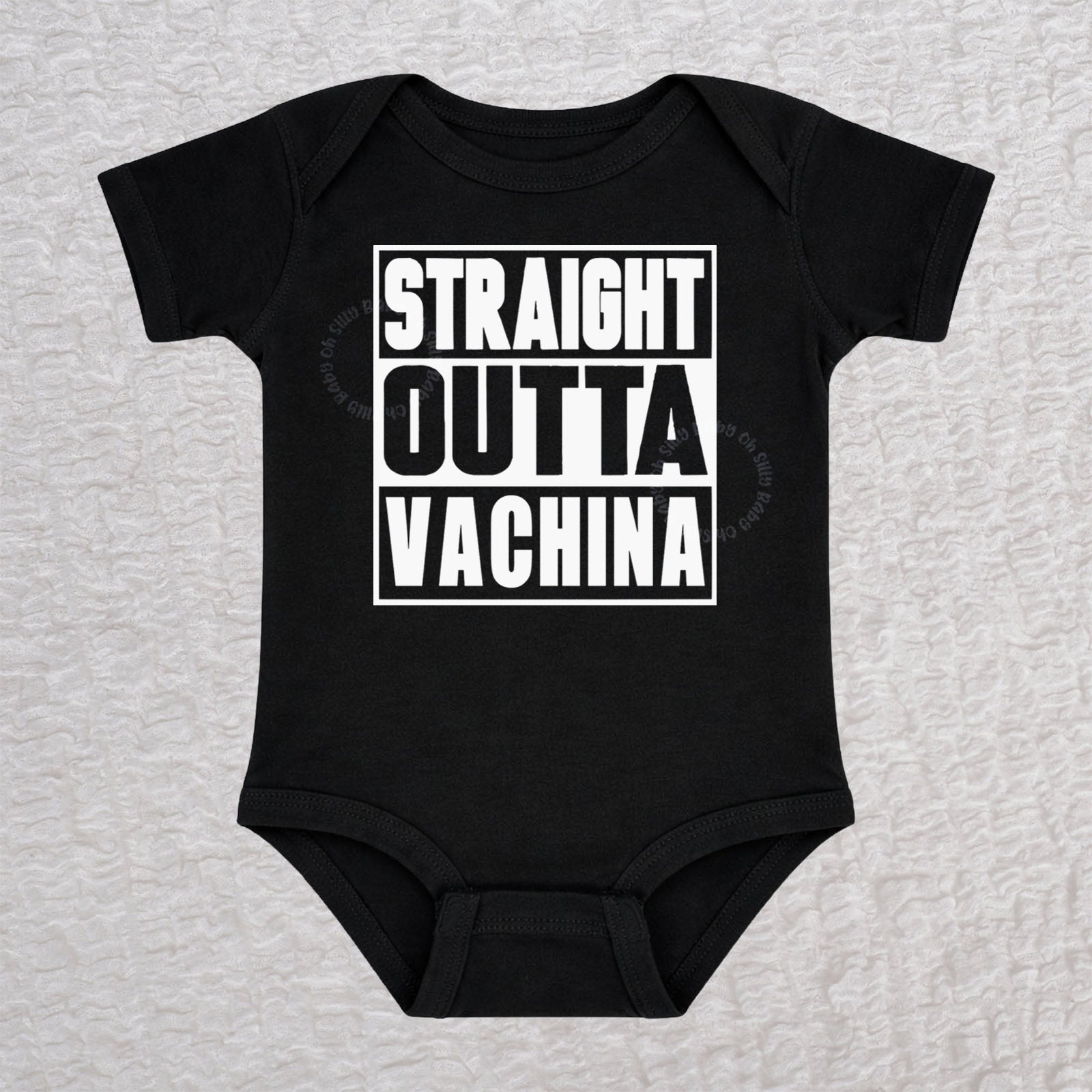Straight Outta Vachina short sleeve baby bodysuit in black with bold typography design