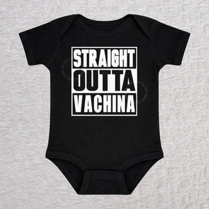 Straight Outta Vachina short sleeve baby bodysuit in black with bold typography design