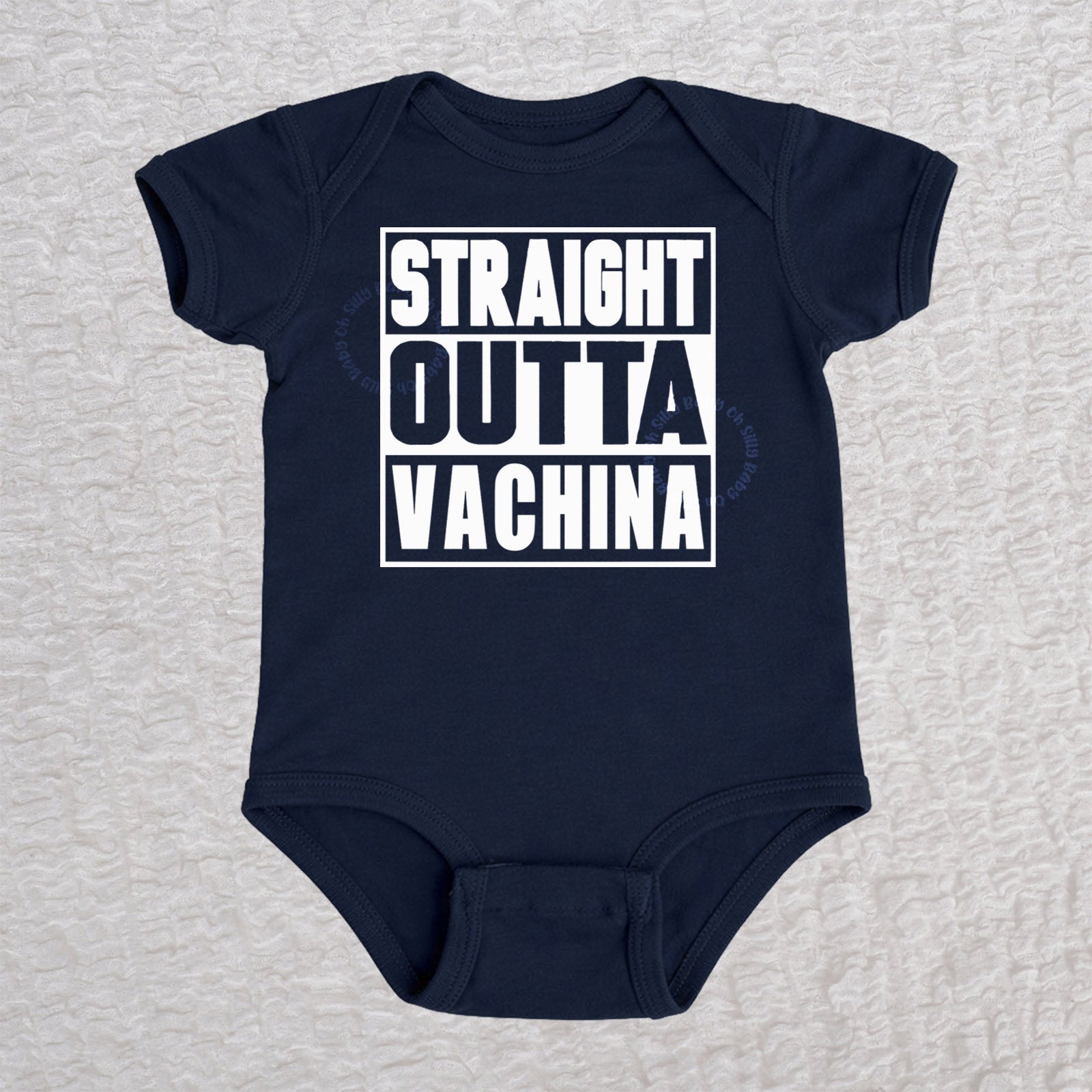 Straight Outta Vachina short sleeve baby bodysuit in navy with bold typography design