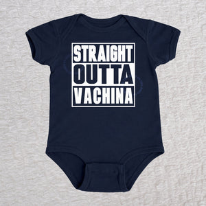 Straight Outta Vachina short sleeve baby bodysuit in navy with bold typography design