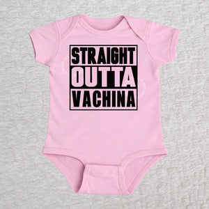 Straight Outta Vachina short sleeve baby bodysuit in pink with bold typography design
