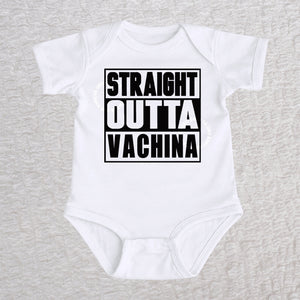 Straight Outta Vachina short sleeve baby bodysuit in white with bold typography design