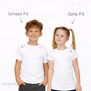 Toddler t-shirt fit comparison unisex vs girls fit white short sleeve shirts on boy and girl