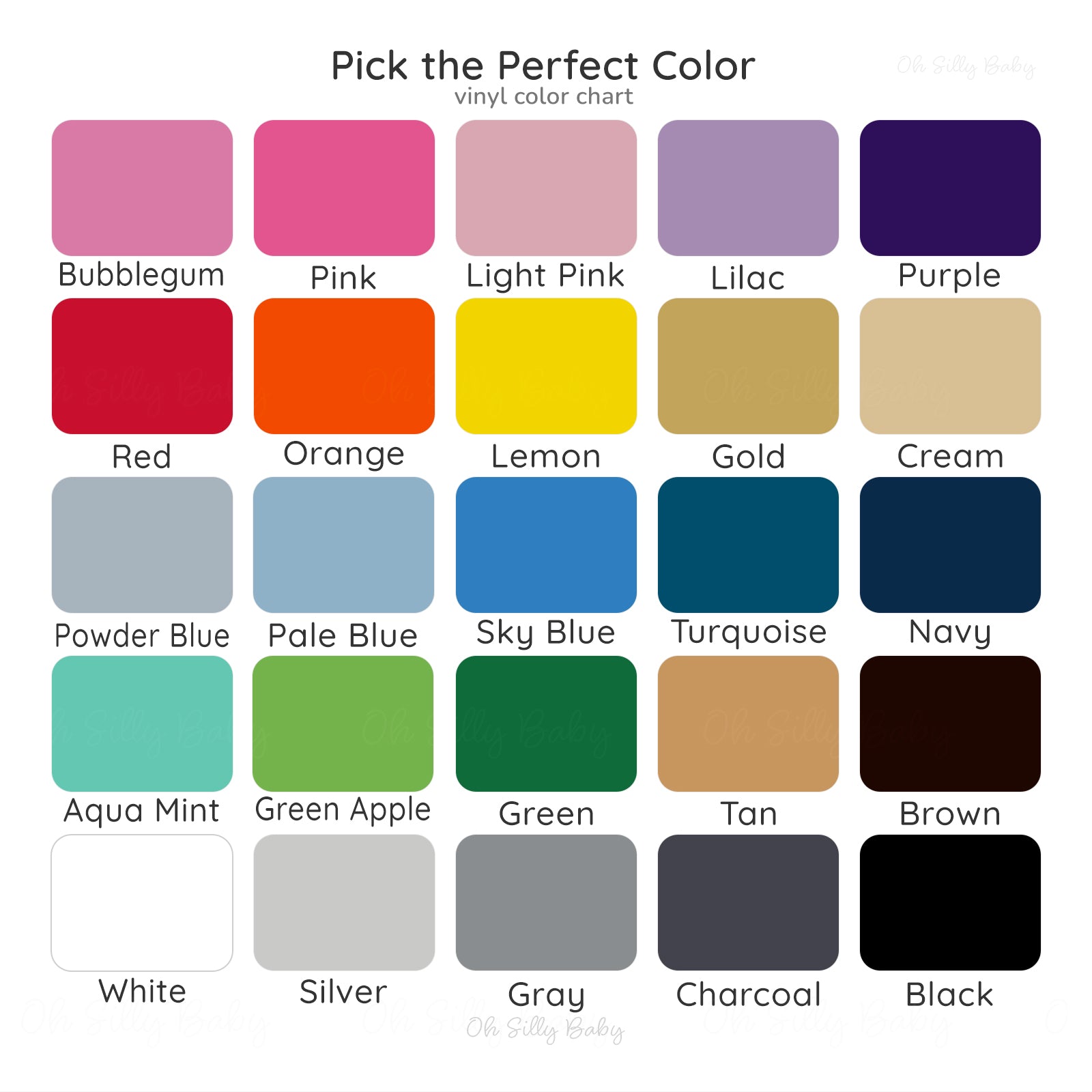 Vinyl color chart for personalized baby bodysuits and toddler t-shirts showing available color options