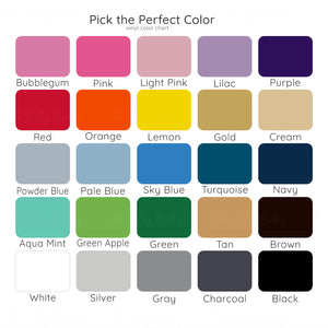 Vinyl color chart for personalized baby bodysuits and toddler t-shirts showing available color options