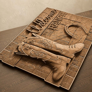 Angled view of personalized Welcome to the Ranch 3D illusion wood sign