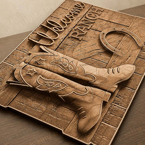 Close-up angled view of the engraved details on the personalized Welcome to the Ranch wood sign