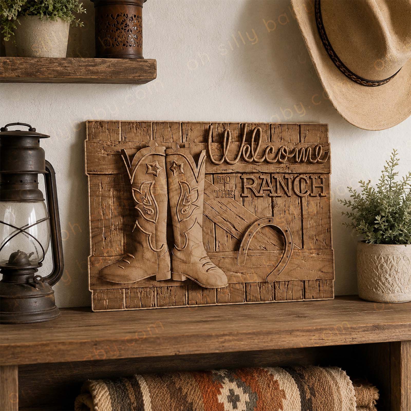 Personalized Welcome to the Ranch wood sign displayed in rustic Western farmhouse home décor