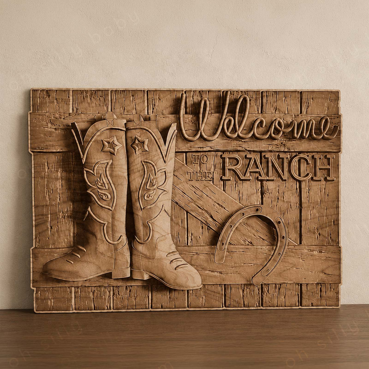 Personalized Welcome to the Ranch laser engraved wood sign with cowboy boots and horseshoe