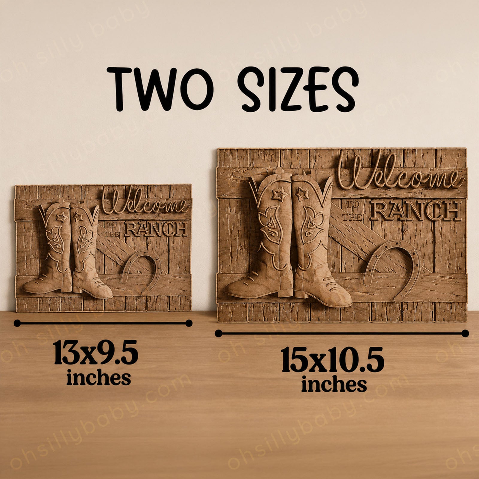 Personalized Welcome to the Ranch wood sign shown in two available sizes