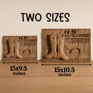Personalized Welcome to the Ranch wood sign shown in two available sizes