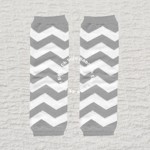 Gray and White Chevron baby leg warmers with a soft gray and white chevron pattern