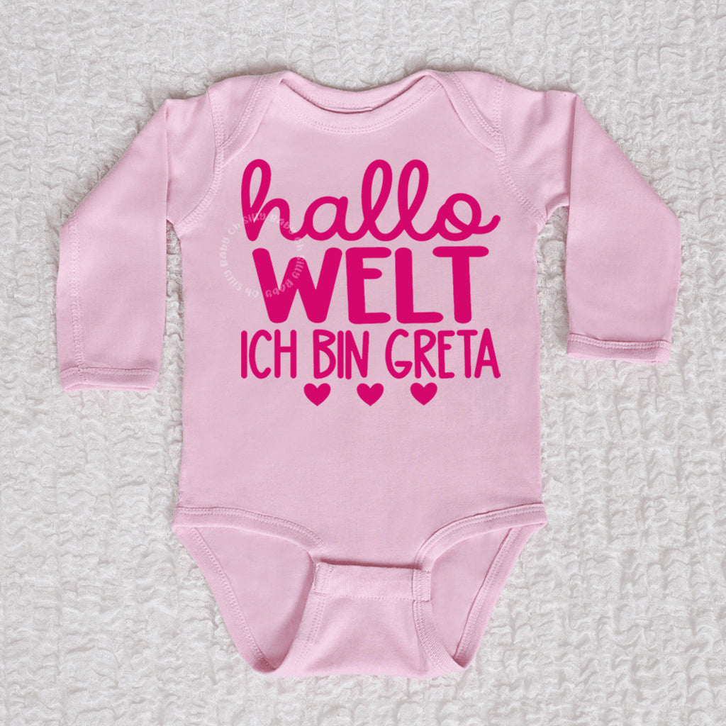 Hallo Welt Long Sleeve Pink Bodysuit