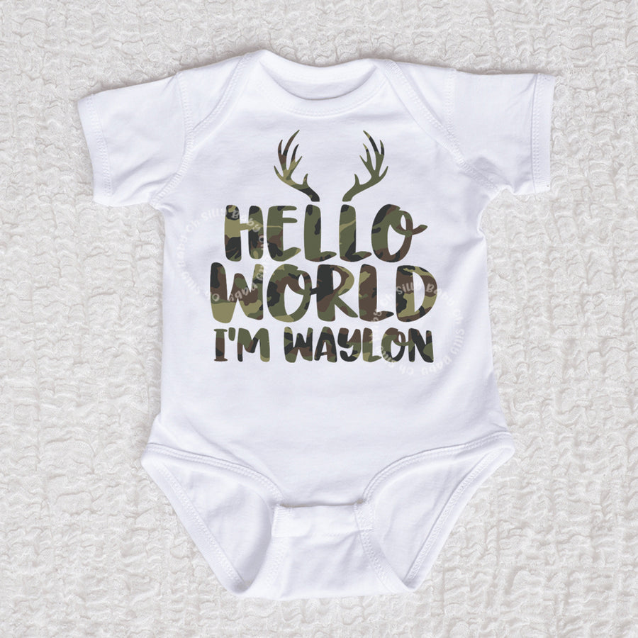 Hello World Personalized Camo Boy Bodysuit | Oh Silly Baby