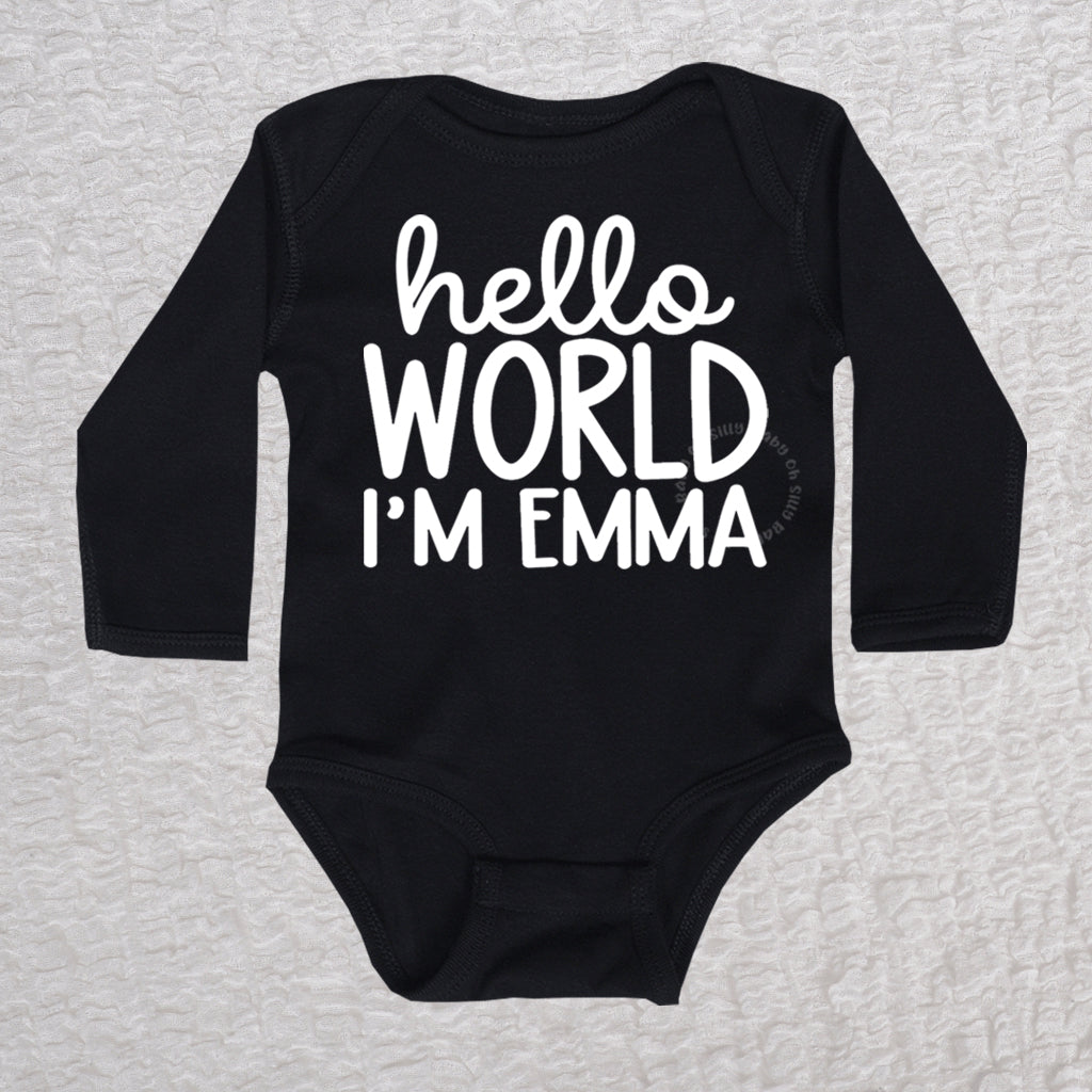 Hello World Long Sleeve Black Bodysuit