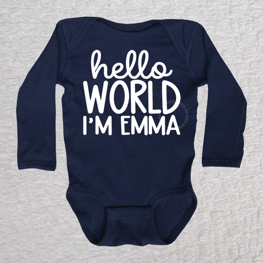 Hello World Long Sleeve Navy Bodysuit