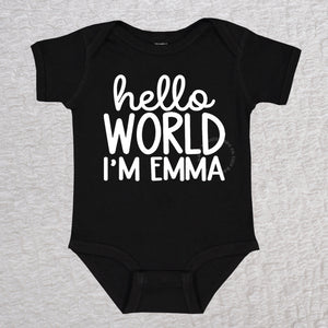 Hello World Short Sleeve Black Bodysuit